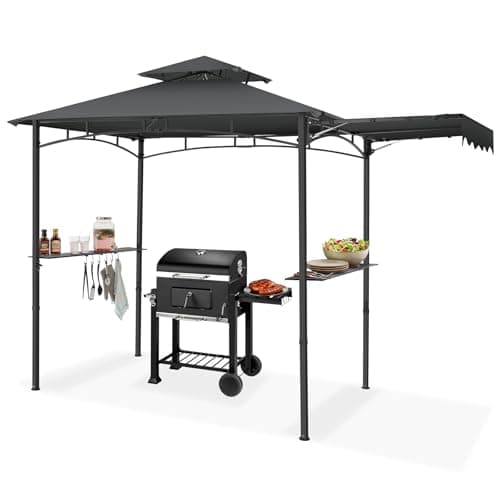 Image of tectake® BBQ Shelter, 3.1 x 1.5 m, UV-Protected Side Awning & Canopy, Steel Frame, Double-Tier Garden Gazebo with Side Shelves & Hooks, Quick Setup, Outdoor BBQ Gazebo for Garden, Patio - Anthracite
