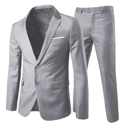 Image of Allthemen Mens Suits 2 Piece Slim Fit Wedding Dress Suit Two Buttons Business Suit Blazer Casual Jackets Trousers Light Grey M