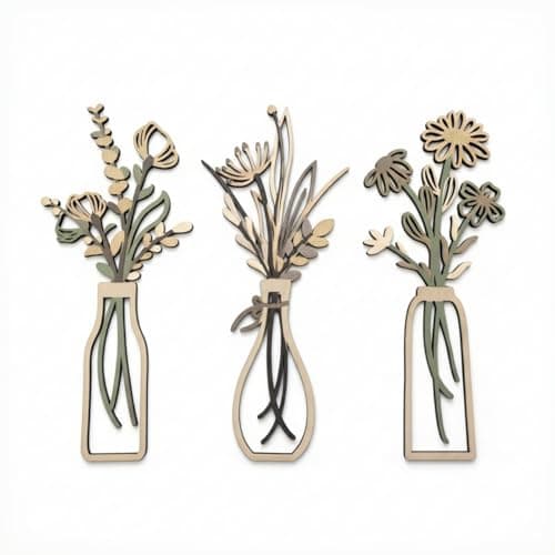 Image of ZYZX 3-Piece Wooden Flower Wall Art Set,Minimalist Farmhouse Decor,Rustic Wood Flower Wall for Living Room,Bathroom,Bedroom,Dining Room-Housewarming Gifts (Brown)
