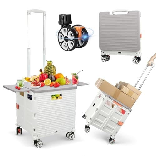 Image of Foldable Shopping Trolley Collapsible Portable Utility Cart, Tote Basket with Magnetic Lid Rolling Crate with Telescoping Handle, 360°Rotate Wheel, Lightweight Storage Box Heavy Duty 55kg -White
