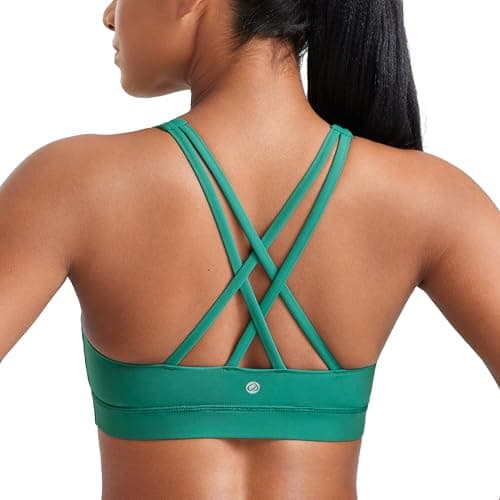 Image of CRZ YOGA Women's Naked Feeling Strappy Back Sports Bra - Mid Impact Wirefree Padded Workout Yoga Crop Top Cascadia Green M