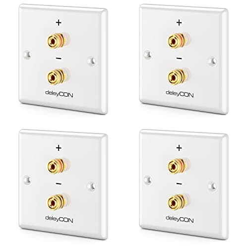 Image of deleyCON Set of 4 Multimedia Speaker Boxes Junction Box Wall Plate with Banana Plug Sockets for 1 Speaker (Red/Black) - Hi-Fi Surround Sound System Home Cinema Set of 4