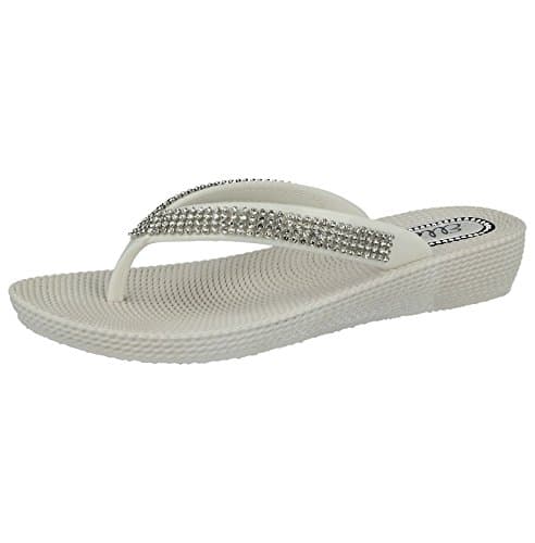 Image of ella Ladies S1 Diamante Toe Post Flat Low Wedge Jelly Flip Flop Summer Sandals Size 3-8 (UK 5, White)
