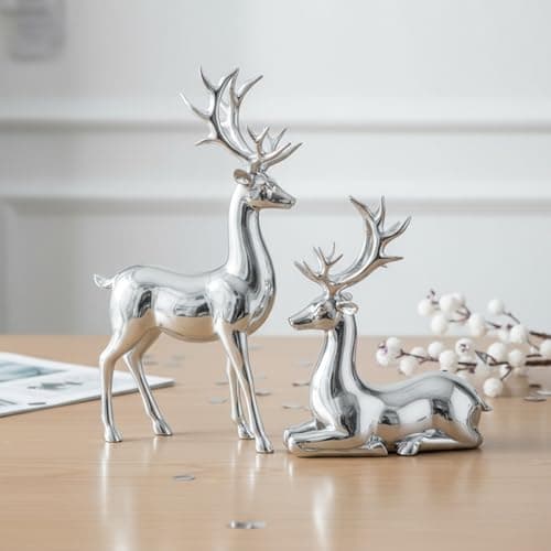 Image of Ferricult Reindeer Christmas Decorations Set of 2, Silver Christmas Deer Decor for Indoor Home, Standing and Sitting Deer Figurines, Décor Maison