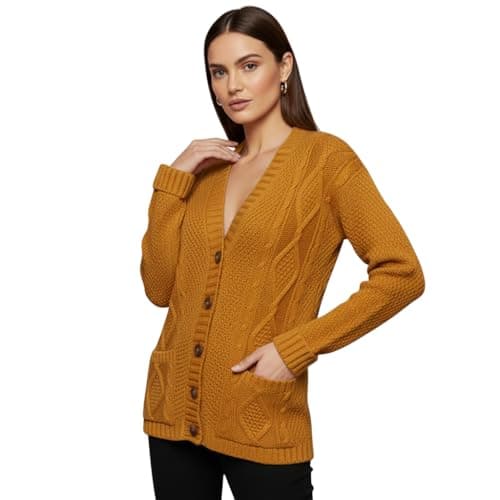 Image of LUXFAB Womens Long Sleeve Button Top Cardigan Chunky Aran Cable Knit Grandad Style Sweater Everyday Casual Warm Knitted Ladies Cardigan UK Sizes 8-26 Mustard
