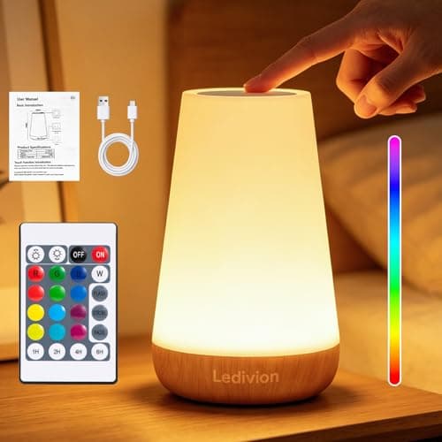 Image of Ledivion Night Light, LED Touch Bedside Table Lamp, RGB Colours Changing, 5 Brightness Level Switch, Timing Function, Rechargable Remote Control Dimmable Light for Bedroom, Living Room