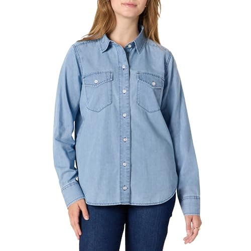 Image of Amazon Essentials Women's Relaxed-Fit Denim Chambray Button-Down Long-Sleeve Shirt, Iced Blue Light Wash, Medium