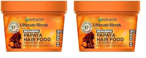 Image of Garnier Hair Food 3-in-1 Hair Treatment Mask, Intensely Nourishes and Repairs Hair, For Damaged Hair, No Silicones, Vegan Formula, Papaya, Ultimate Blends, 400ml (Pack of 2)