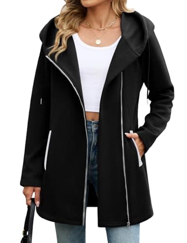 Image of Vancavoo Zip up Hoodie Women Fleece Long Sleeve Sweatshirts Ladies Casual Fall Jacket Lightweight Coat Loose Hooded Outwear with Pockets,Black,L
