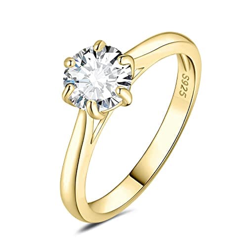 Image of JewelryPalace Classic 1ct Round Cut Moissanite Solitaire Engagement Rings for Women, 14K Yellow Gold Plated 925 Sterling Silver Promise Ring for Her, Simulated Diamond Anniversary Wedding Rings T