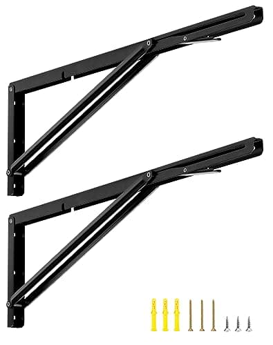 Image of QWORK® 2 Pack 24" Heavy Duty Folding Shelf Brackets for Wall Mounted Folding Tables Benches Shelves - Iron Bracket with Black Finish - Max Load 150kg I 330lb
