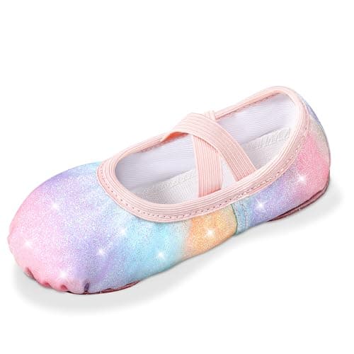 Image of Comfyouth Ballet Shoes Girls Glitter Ballet Flats Split Sole Dance Shoes Leather Ballerina Shoes Ballet Dance Slippers with Elastic Cross Straps for Toddlers Kids Rainbow