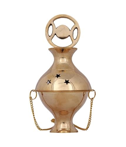 Image of Indian Consigners Brass Altar Incense Charcoal Burner Holder with Chain (Triple Moon)