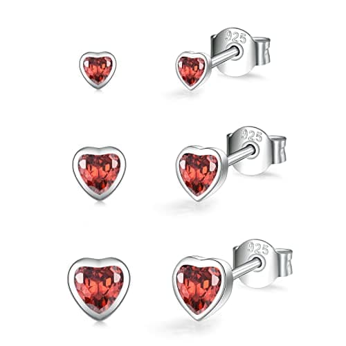 Image of 3 Pairs Sterling Silver Stud Earrings for Women Girls, Small Simulated Diamond Earrings Red Cubic Zirconia Heart Stud Earrings Hypoallergenic Sleeper Earrings Set for Multiple Pirercings, 2/3/4 mm