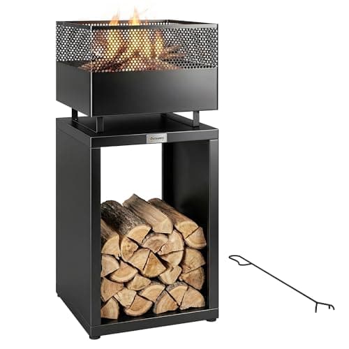 Image of Outsunny 87 cm Outdoor Fire Pit, Wood Burning Firepit with Mesh Sides, Wood Storage and Adjustable Feet, Portable Fireplace for Patio, Garden, Camping