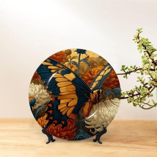 Image of LGHNCVM Bone China Decorative Plate Ceramic Dinner Plates with Display Yellow Butterfly Decorative Plates Wall Hanging Art Porcelain Plate for Home Office Kitchen Wall Decor