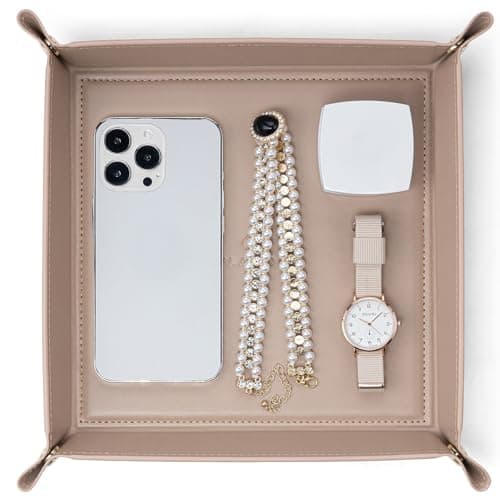 Image of VLANDO PU Leather Valet Tray for Men Women, 28 × 28 cm Large Bedside Organiser for Him, Mens Bedroom Accessories, Bedside Tray for Key Coin Watch Pens (Milk Coffee)