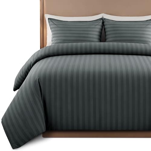 Image of Hafaa Satin Stripe Single Duvet Cover Set Charcoal - Premium Hotel Quality Quilt Cover Bedding Sets - Hypoallergenic Ultra Soft Brushed Microfiber Bed Linen