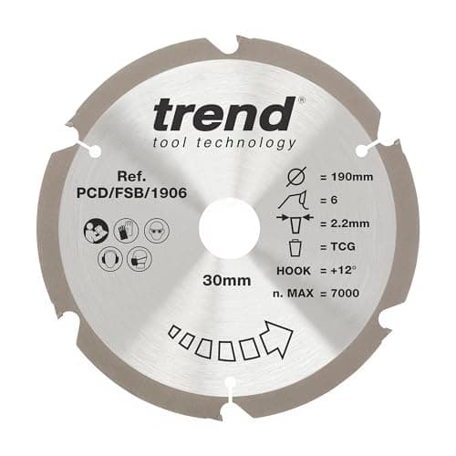 Image of Trend PCD Fibre Cement Circular Saw Blade, 190mm Diameter, 30mm Bore, 6 Teeth, 2.2mm Kerf, +12° Hook, PCD, Coarse Finish, PCD/FSB/1906