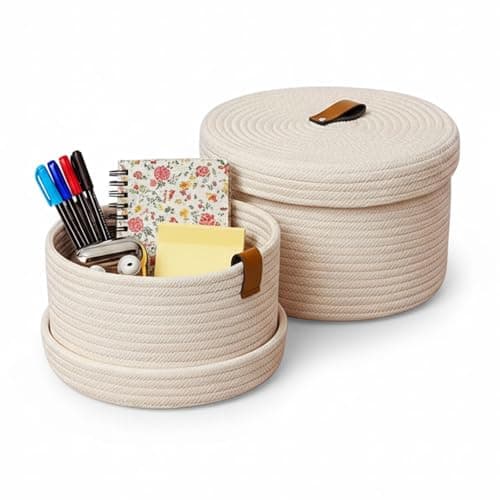 Image of Set of 2 Storage Basket with Lid, Round Cotton Rope Decorative Basket with Leather Handles, Multifunctional Woven Baskets for Shelves, Bedroom, Bathroom and Office, Beige