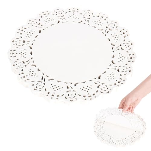Image of bssmmai Pack of 140 Round Cake Toppers, 24 cm Cake Toppers, Small Round, Round Lace Paper Doilies, Lace Doilies for Food, Round Paper Placemats for Cakes, Trays, Crafts, Party, Wedding (White)