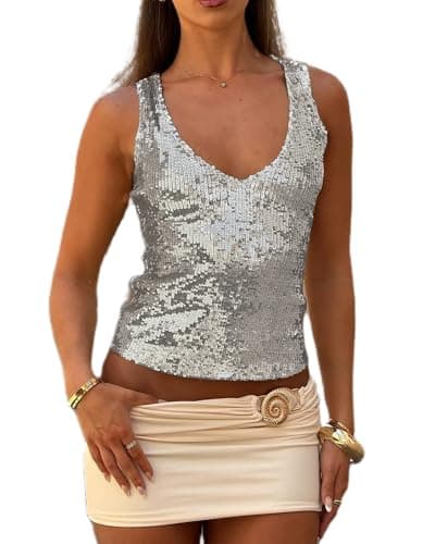 Image of Women's Sparkling Sequins Halter Neck Vest Sleeveless Open Back Tie-Up Glitter Shiny Cropped Slim Fit Tank Tops Party Rave Streetwear (B-Silver, M)