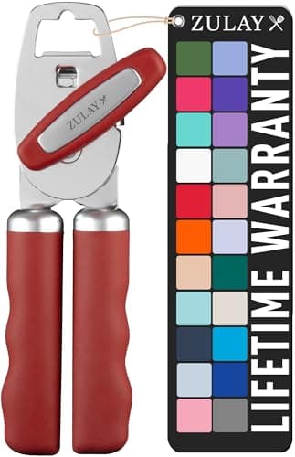 Image of Zulay Kitchen Tin Opener - Heavy Duty Can Opener Manual with Bottle Key - Rust Proof, Stainless Steel, Arthritis-Friendly, Hand Tool for Seniors with Turn Knob & Comfy Soft Good Grip Handles - Red