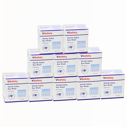 Image of V Safety 250 x Sterile Saline Eye Wash Pods 20ml (10 Boxes) Bulk Pack - 0.9% Sodium Chloride Eyewash Solution - Single Use Eye Pods for First Aid & Emergency Rinse - for Irrigation & Minor Irritation