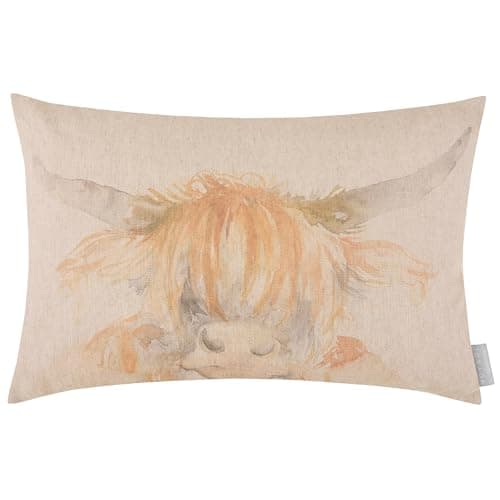 Image of Voyage Maison Highland Coo Feather Filled Cushion – Hand-Painted Watercolour Linen Blend (Multicolour - 40x60cm)