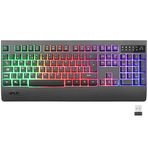 Image of Rii Wireless Keyboard UK Layout,2.4G Wireless Gaming Keyboard,Rainbow Backlight Rechargeable Quiet Full Size Keyboard with Ergonomic Wrist Rest for Computer/PC/Laptop/MAC/Windows