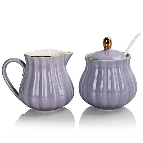 Image of Sweejar Home Royal Ceramic Sugar and Creamer Set, 3 Piece Set with Cream Pitcher, Sugar Bowl, Sugar Set with Lid & Spoon(Purple)