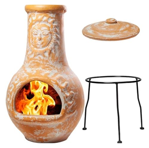 Image of Wiosi Medium 𝗖𝗵𝗶𝗺𝗶𝗻𝗲𝗮 Outdoor Fireplace Clay Chimineas with Chimney Rain Lids and Solid Metal Stands - Yellow Terracotta Chimenea - Rustic Fire Pit Chimnea 16 x 16 x 32-inch