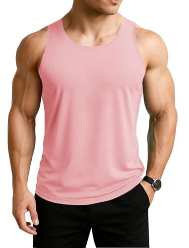 Image of EKLENTSON Sleeveless T-Shirt Men Quick Dry Gym Muscle Vest Tops UPF 50+ Summer Bodybuilding Workout Training Polyester Sun Portection Tank Tops Pink,M