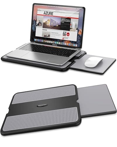 Image of AboveTEK Portable Laptop Lap Desk w/Retractable Left/Right Mouse Pad Tray, Non-Slip Heat Shield Tablet Notebook Computer Stand Table w/Sturdy Stable Cooler Work Surface for Bed Sofa Couch or Travel