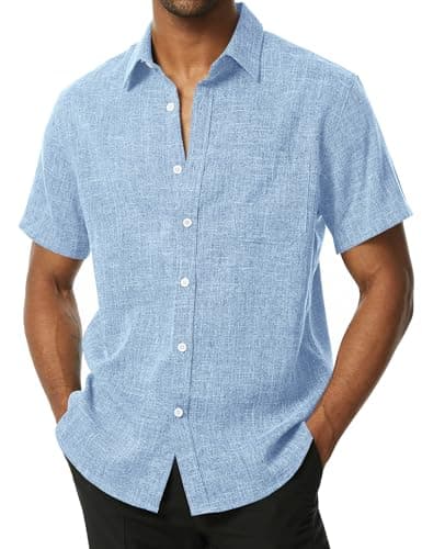Image of PARKLEES Men's Summer Casual Cotton Linen Regular Fit Short Sleeve Shirt Vacation Fashion Button Down Shirt with Pockets Blue Small
