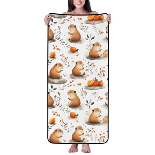 Image of Buewutiry Bath Towel - Floral Orange Guinea Pig Print Highly Absorbent Towels for Bathroom, 27x55in Quick Drying Microfiber Bath Towels for Body, Large Soft Shower Towels for Yoga, Spa, Gym