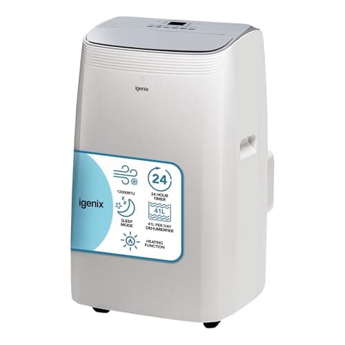Image of Igenix 12000 BTU 4-in-1 Portable Air Conditioner, Cooling & Heating Fan with Dehumidifier, Dual Motor, 23m² Coverage, A Rated, 24hr Timer, IGAC03012W