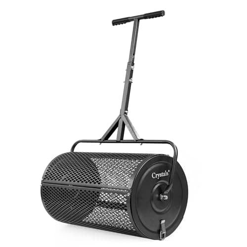 Image of Crystals 24" Steel Compost Spreader Roller – 70L Lawn Peat Moss & Topsoil Spreader for Grass Seed, Manure & Fertiliser, Heavy Duty Garden Lawn Care Tool with Mesh Drum for Even Distribution