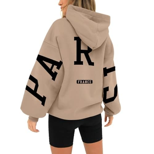 Image of HUIFUAO Paris Hoodies for women Oversized Sweatshirt for Women Black Long Sleeve Plus Size Womens Hoodies Pullover With Pocket (Z03-Khaki, M)