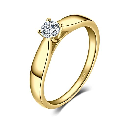 Image of JewelryPalace Classic 0.2ct Cubic Zirconia Solitaire Engagement Rings for Women, 925 Sterling Silver 14K Yellow Gold Plated Ring for Her, Round Cut Simulated Diamond Anniversary Wedding Rings N