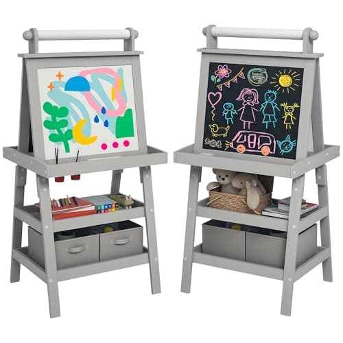 Image of AIYAPLAY Art Easel for Kids with Paper Roll, 3 in 1 Kids Easel Double-Sided Magnetic Whiteboard and Chalkboard with Storage Baskets, for Children 3-6 Years - Grey