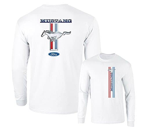 Image of Ford Mustang Pony Racing Stripe 5.0 Muscle Cars Long Sleeve T-Shirt Front Back Print, White, XL