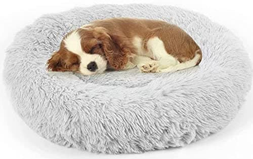 Image of Enjamoy Plush Donut Dog Bed, Calming Round Dog Cat Bed Soft and Fluffy Cuddler Pet Cushion Self-Warming Puppy Beds Machine Washable, Grey 60cm