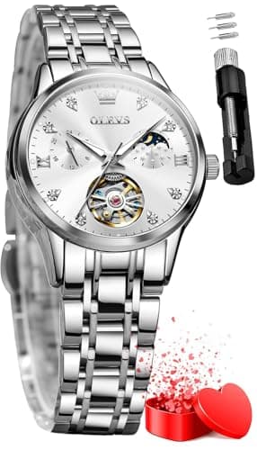Image of OLEVS Automatic Women's Wrist Watches Luxury Diamond Tourbillon Moon Phase Two Tone Stainless Steel Mechanical Watch for Women Waterproof Luminous Dress Silver Gold Blue Ladies Watches