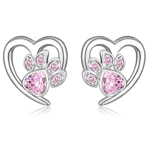 Image of Silver Stud Earrings for Women, 925 Sterling Silver Cute Puppy Dog Cat Paw Print Stud Earrings | Lovely Pink Crystal CZ Endless Love Heart Earring Studs Jewellery Gift for Pet Lovers Little Girls Kids