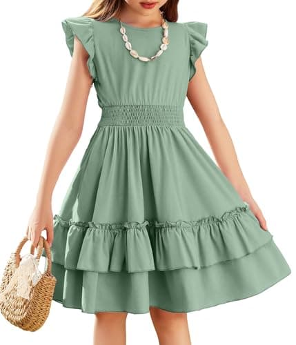 Image of Arshiner Girls Dresses Flutter Sleeve Kids Summer Cotton Casual A-Line Dress Girdle Tiered Swing Festive Dress for Girls 13-14 Years Light Green