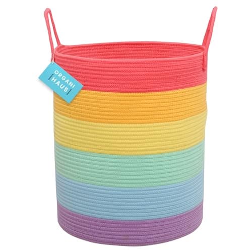 Image of OrganiHaus Tall Rainbow Rope Blanket Basket for Living Room Decor, Cute Woven Baby Laundry Basket, Baby Nursery Hampers for Toys, Laundry Hamper for Dirty Clothes, Decor for Kids Classroom - 38x45cm