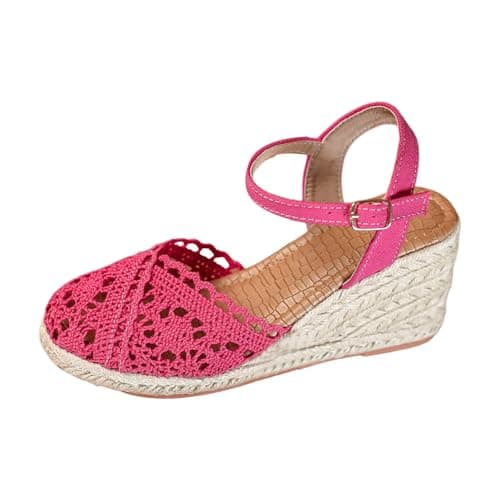 Image of Momolaa Espadrilles Closed Toe Sandals for Women Ladies Wedges size 5.5 With Ankle Strap Hessian Sandals C1_Hot Pink Trendy Footwear