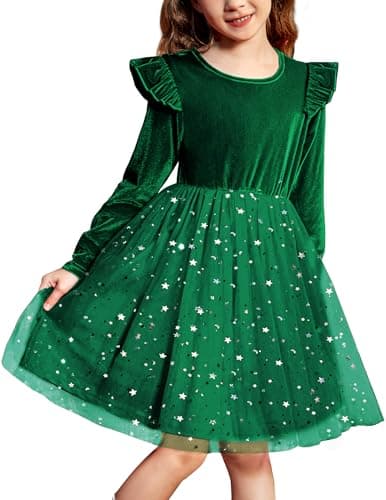 Image of Arshiner Girls' Dress Green Childrens' Velvet Round Neck Tulledress Kids Ruffle Long Sleeve Dress Christmas Outfit Party Wedding-Dress with Sequins 100/3-4 Years