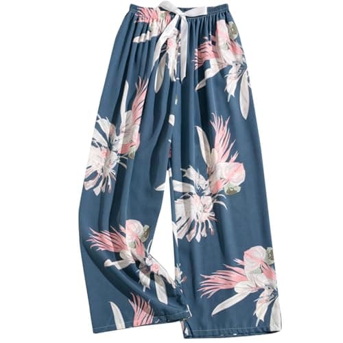 Image of Pyjama Bottoms Womens Casual Lounge Pants Floral Printed Cropped Trousers Comfortable Elasticated Waist Wide Leg Trousers Comfy Sleep Palazzo Pants with Drawstring Ladies Pyjama Bottoms One Size